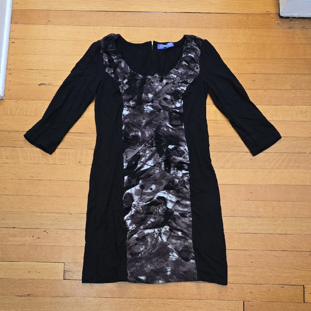 Vivienne Tam, Ruched Mesh Abstract Sheath Dress, Black & Grey, EUC, Women's PS